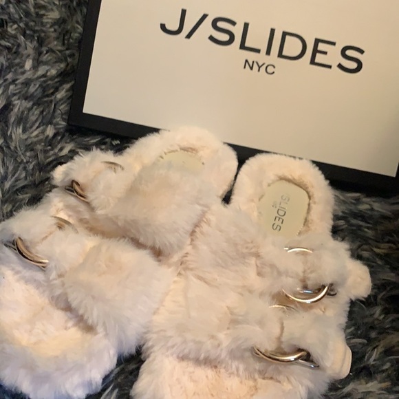 J/Slides cream colored furry slippers, wear in/out - Picture 1 of 6